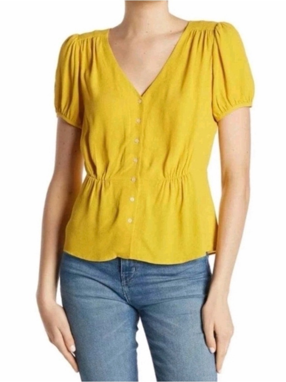 JCrew Yellow V-Neck Button Front Peplum Top